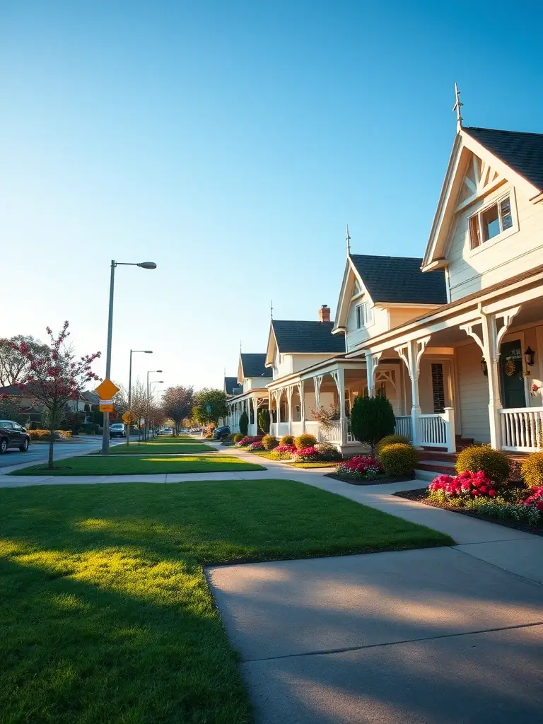 A high-angle, sunlit photograph of a residential street in Benalla, Victoria, showcasing well-maintained homes and gardens, emphasizing the cleanliness and appeal of the neighborhood.