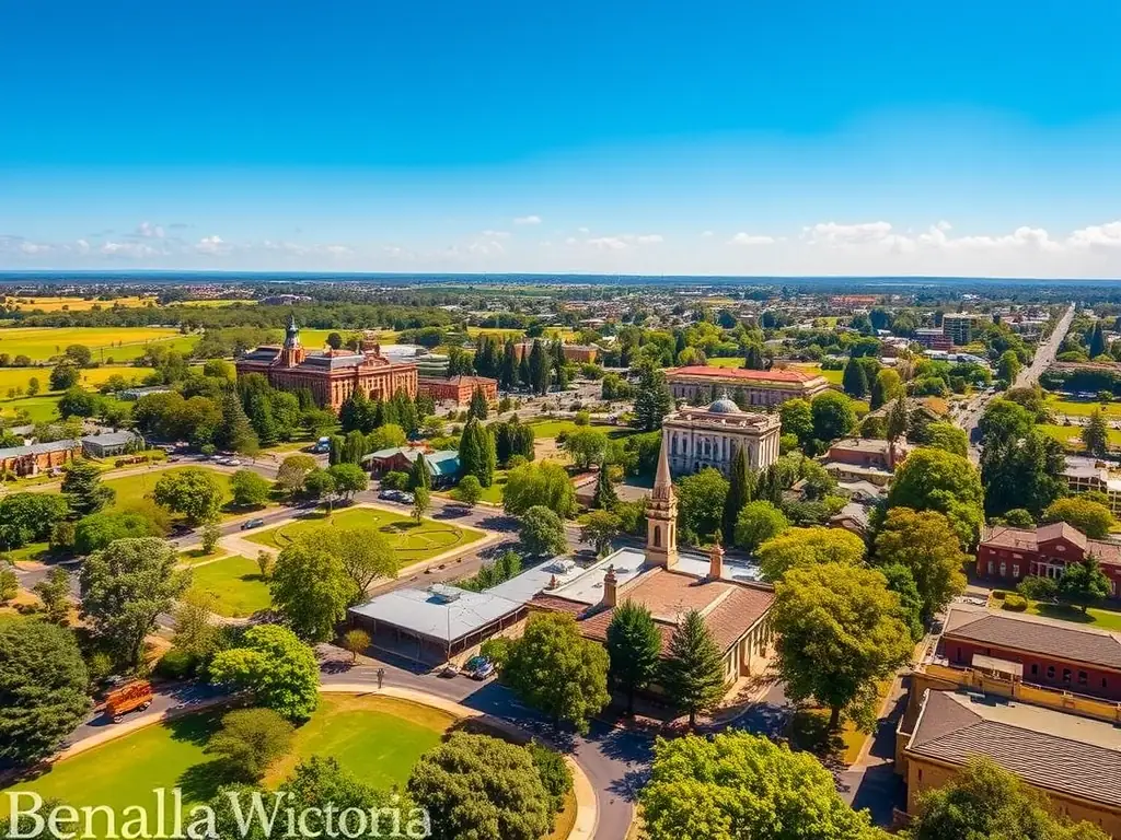 A landscape view of Benalla, Victoria, showcasing its natural beauty and urban landscape.