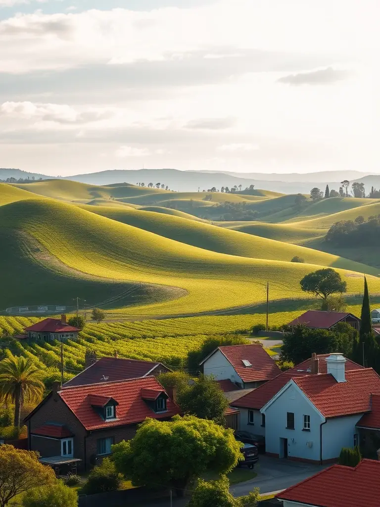 A picturesque landscape of Mansfield, Victoria, featuring rolling hills, vineyards, and charming rural architecture, capturing the essence of the town.