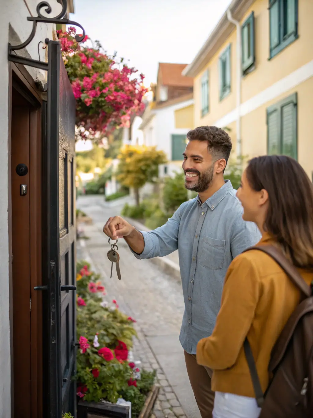 A photo of a happy Airbnb guest checking into a perfectly clean and well-stocked rental property, highlighting the positive impact of Premium Peak Cleaning Co.'s services.