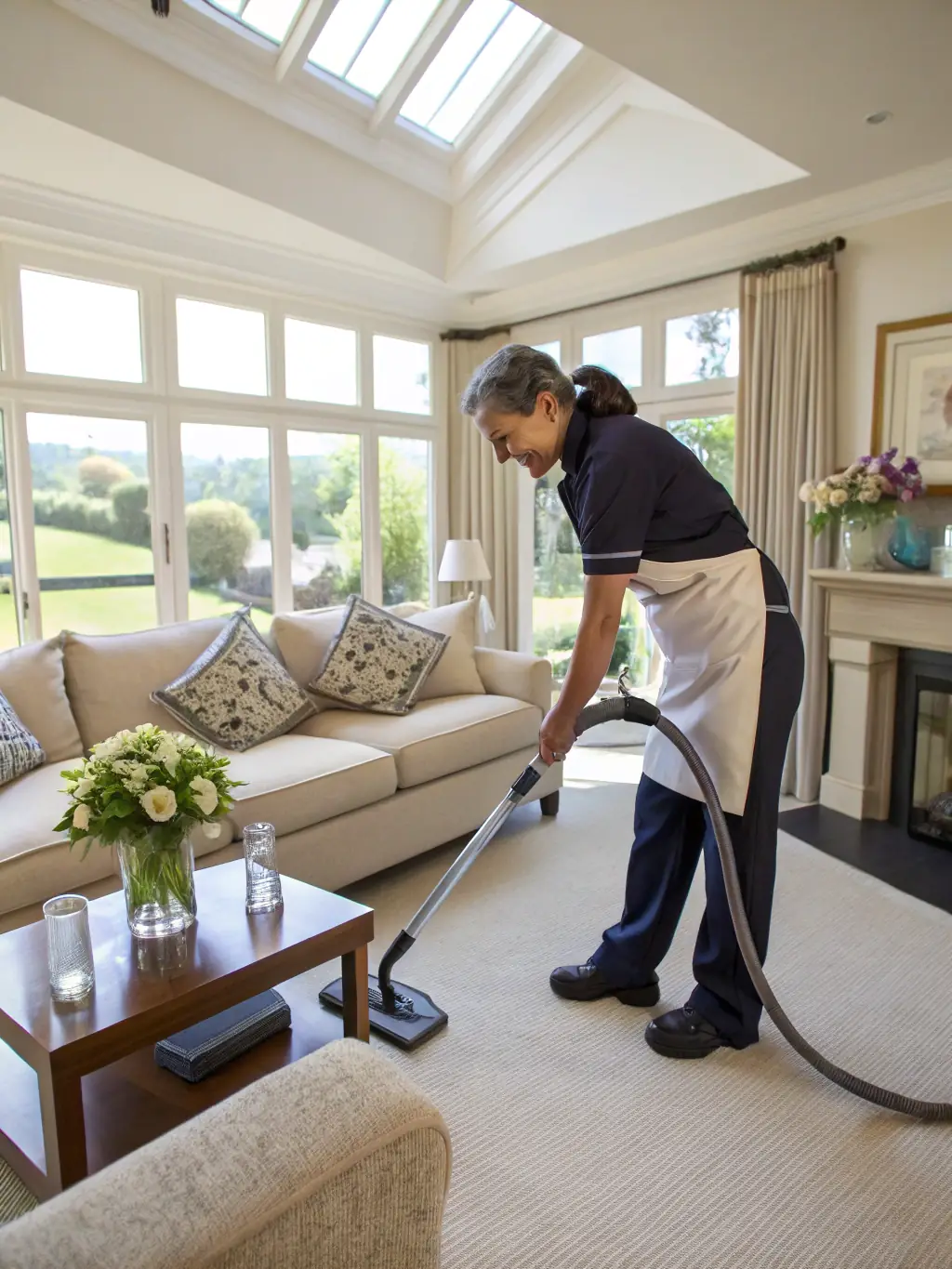 A professional cleaner vacuuming a modern living room with natural light streaming in, showcasing Premium Peak Cleaning Co.'s home cleaning service.