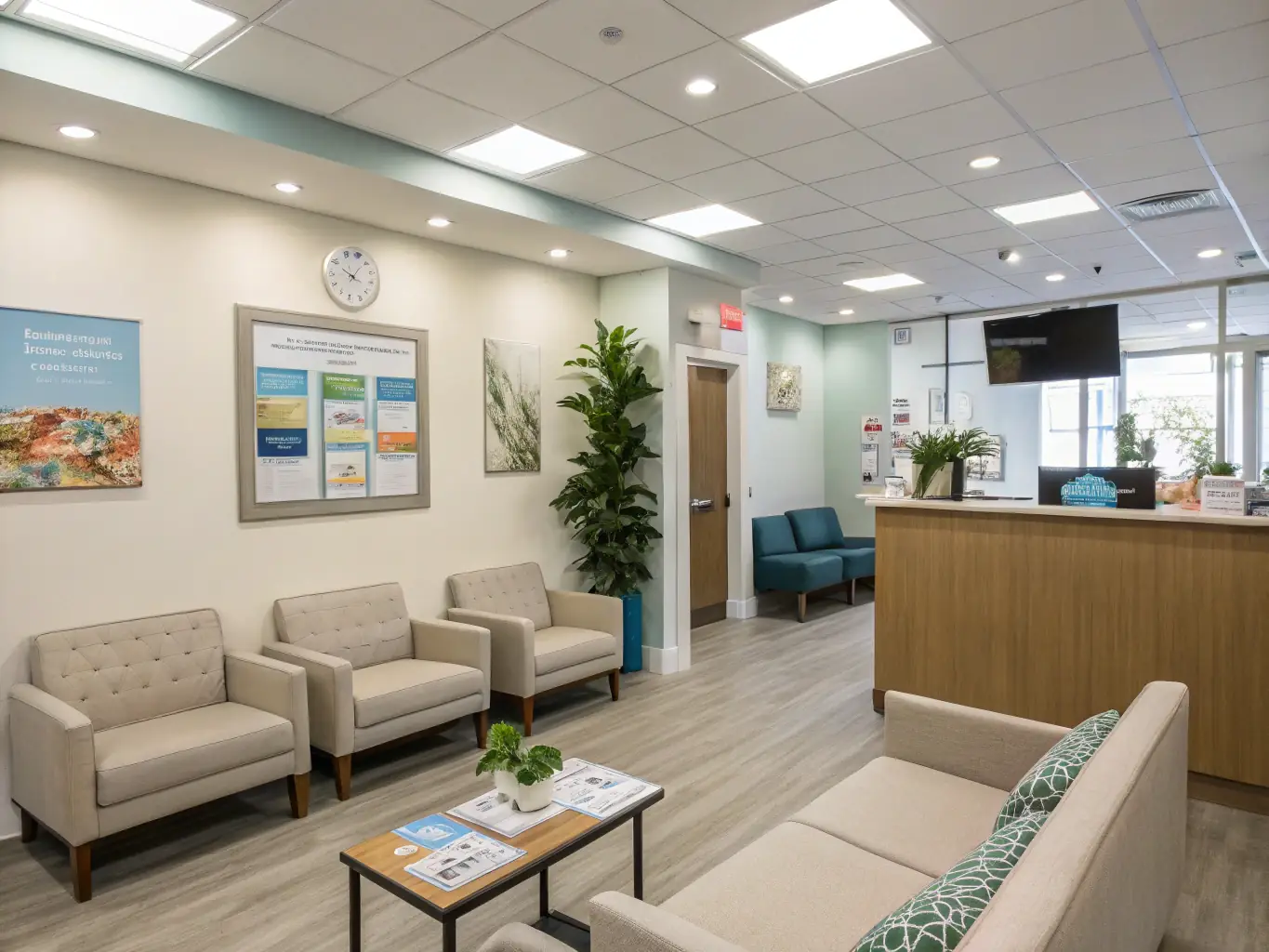 A clean and organized clinic waiting room in Mount Buller, featuring comfortable seating, sanitized surfaces, and a welcoming atmosphere, highlighting Premium Peak Cleaning Co.'s specialized cleaning for healthcare facilities.