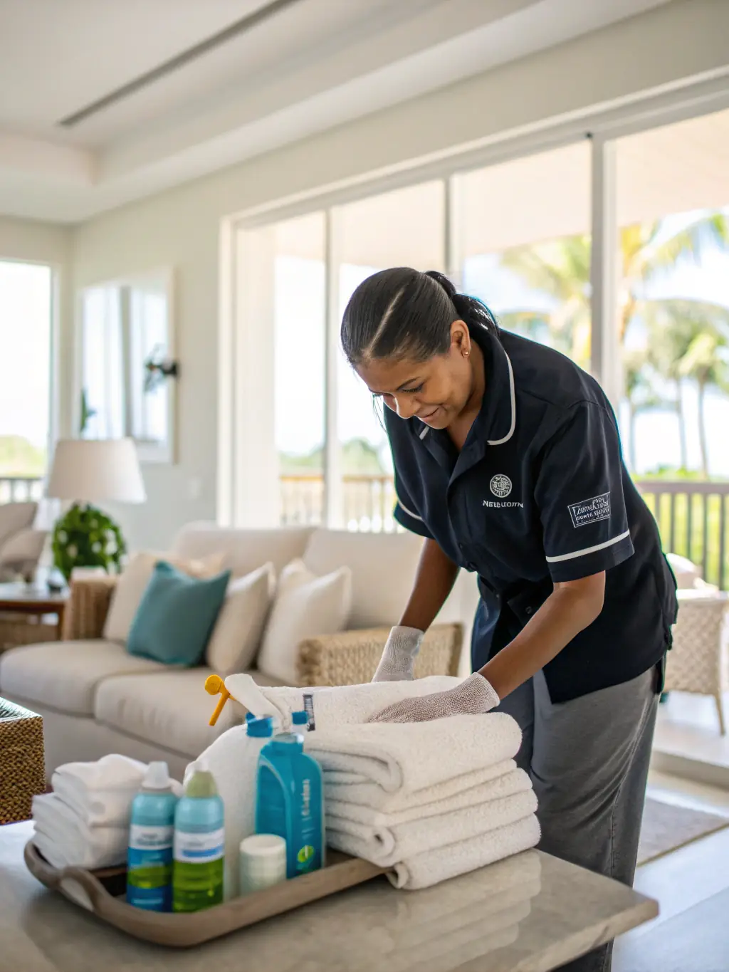 A picture of a Premium Peak Cleaning Co. team member handing over keys to an Airbnb guest, showcasing the reliable and professional service provided.