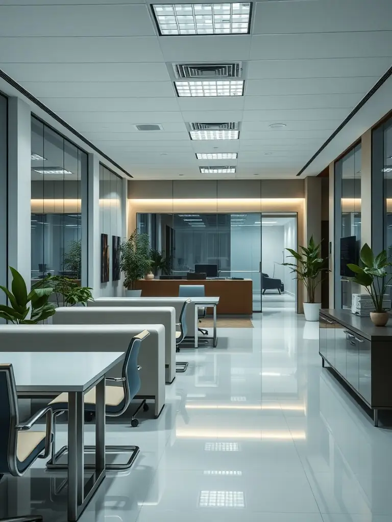 A modern office space being cleaned by a professional team, emphasizing the cleanliness and productivity of the environment.
