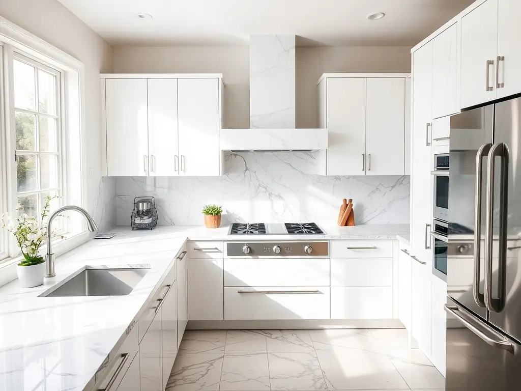 A sparkling clean kitchen with gleaming countertops and spotless appliances, representing the 'Standard' cleaning package. Highlight the attention to detail in cleaning frequently used areas.
