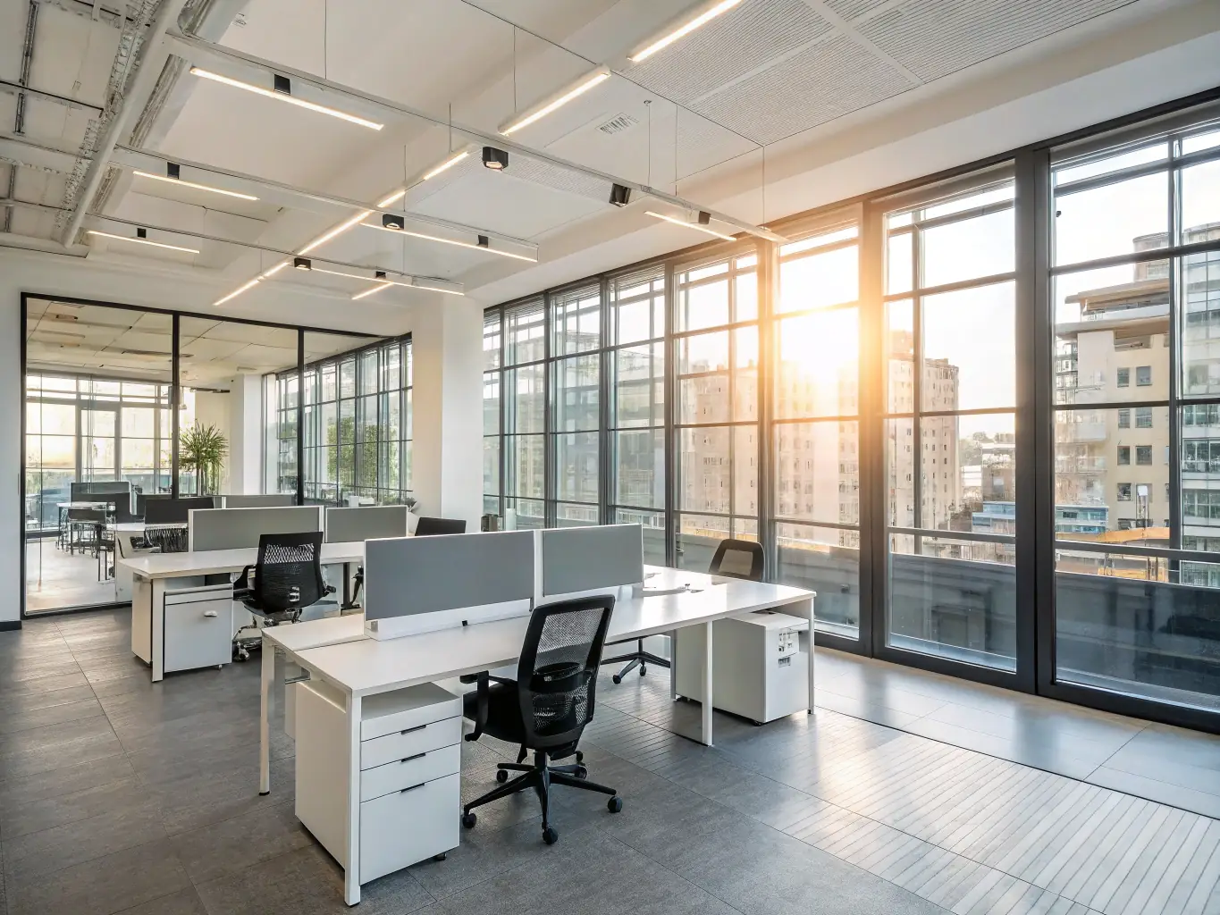 A modern office space with gleaming surfaces and organized desks, reflecting a clean and productive work environment, highlighting Premium Peak Cleaning Co.'s commitment to maintaining professional commercial spaces.