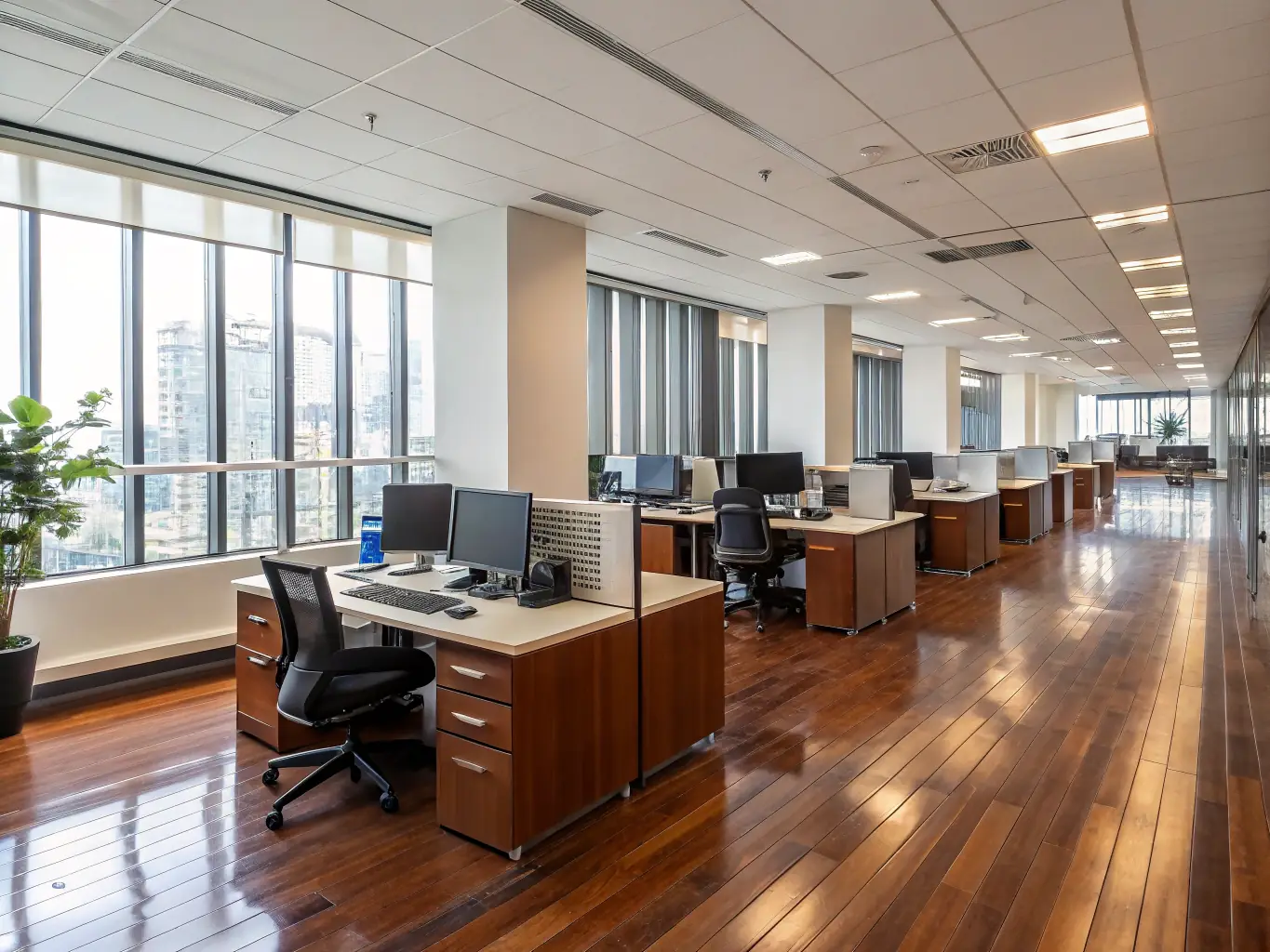 A modern and well-organized office space, highlighting the cleanliness and order achieved through professional office cleaning services. The image conveys productivity and a healthy work environment.