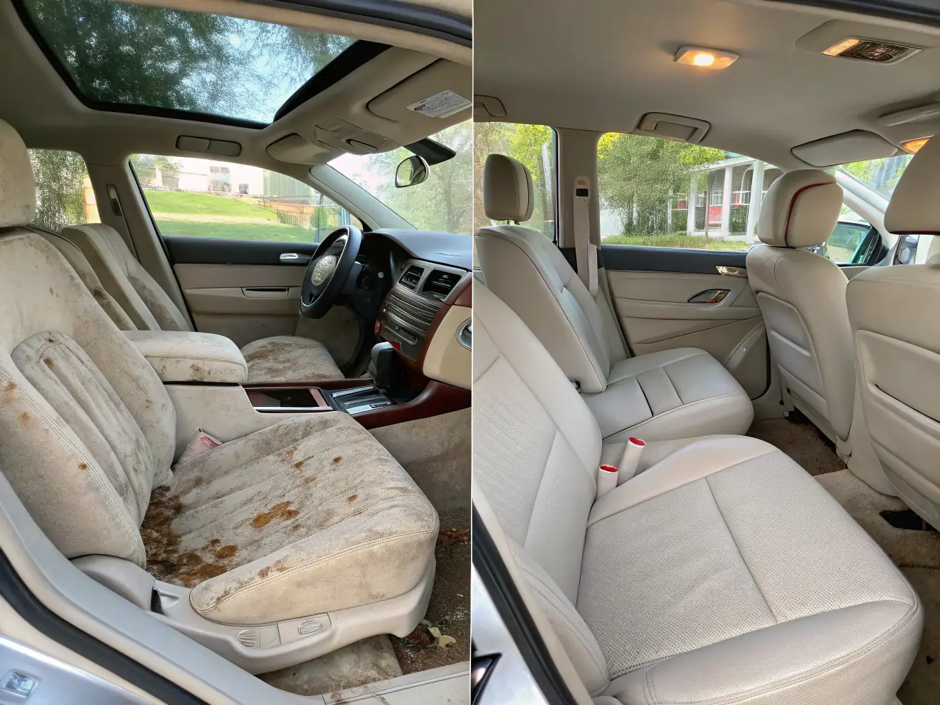 A before-and-after shot showcasing a car seat, half of which is visibly cleaner after professional upholstery cleaning.