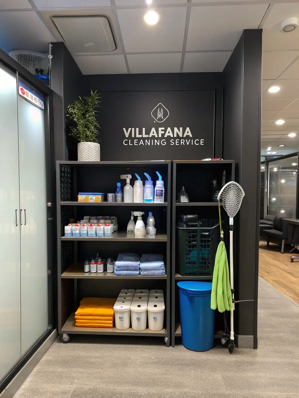 A picture of a well-organized supply closet in an Airbnb rental, stocked with essential amenities and cleaning products managed by Premium Peak Cleaning Co.