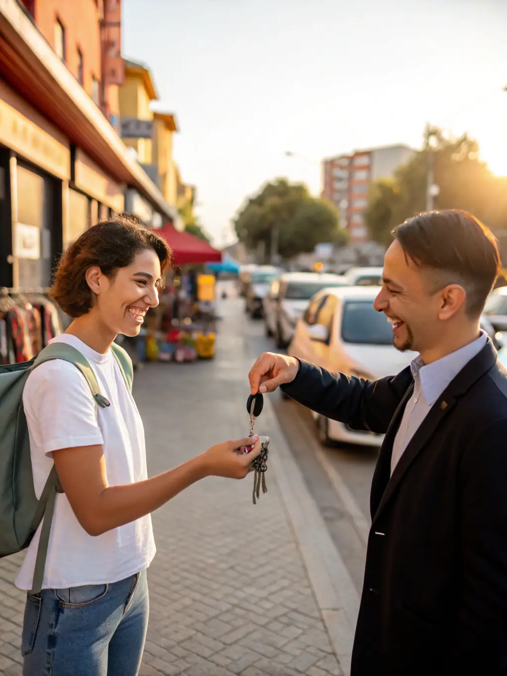 A property manager handing over keys to a guest at a well-maintained property, illustrating Premium Peak Cleaning Co.'s property management services.