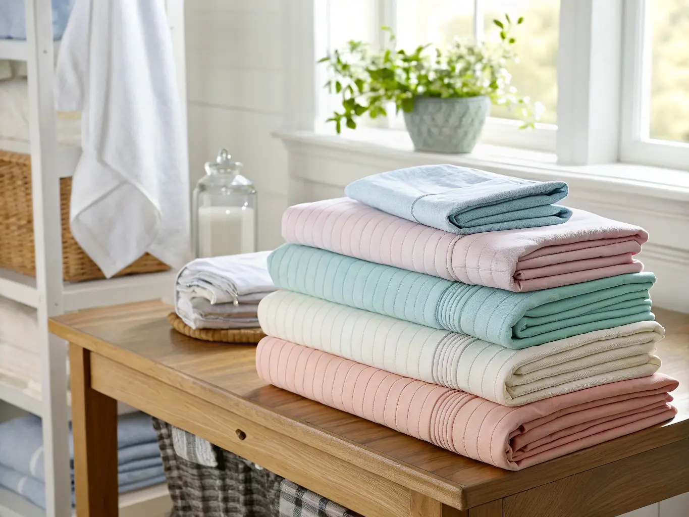 A neatly folded stack of fresh, clean linens, including sheets, pillowcases, and towels, ready to be placed in an Airbnb rental property in Mount Buller, Victoria, showcasing the linen change add-on service.