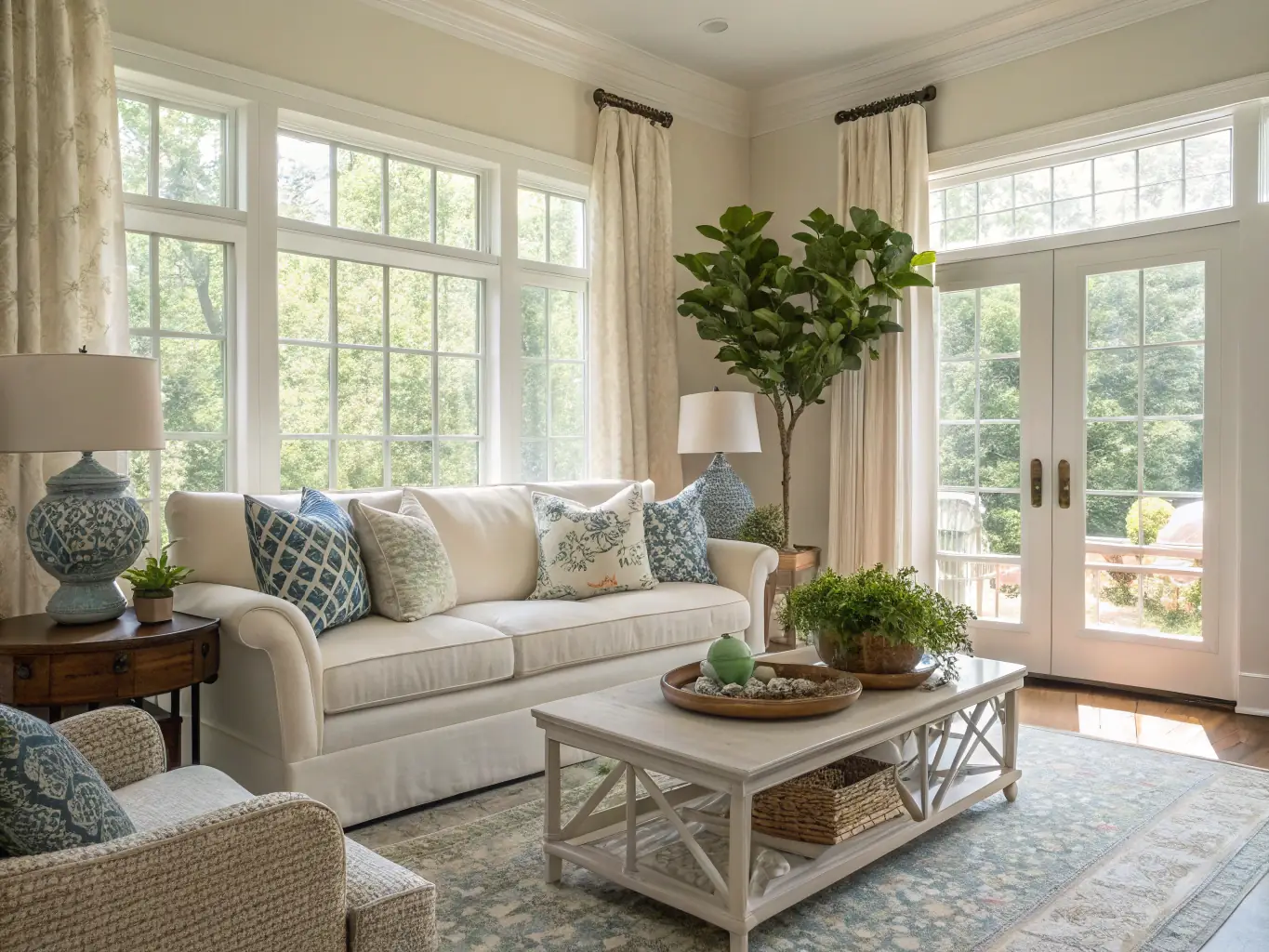 A freshly cleaned living room with sunlight streaming through the windows, showcasing a spotless and inviting home environment, emphasizing the comfort and cleanliness provided by Premium Peak Cleaning Co.'s residential cleaning services.