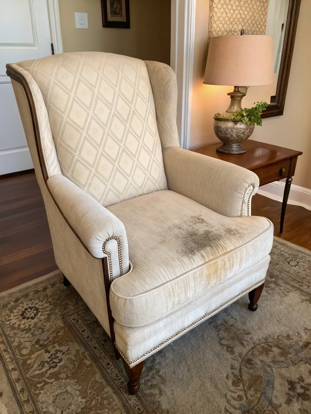 A before-and-after image of a heavily stained couch cushion, demonstrating the effectiveness of Premium Peak Cleaning Co.'s stain removal techniques.