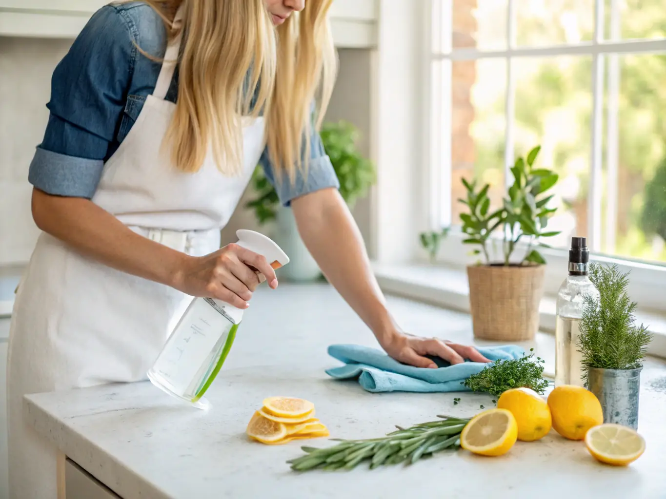 A smiling cleaner using eco-friendly cleaning products in a modern home in Benalla, Victoria, showcasing Premium Peak Cleaning Co.'s commitment to environmentally responsible cleaning practices.
