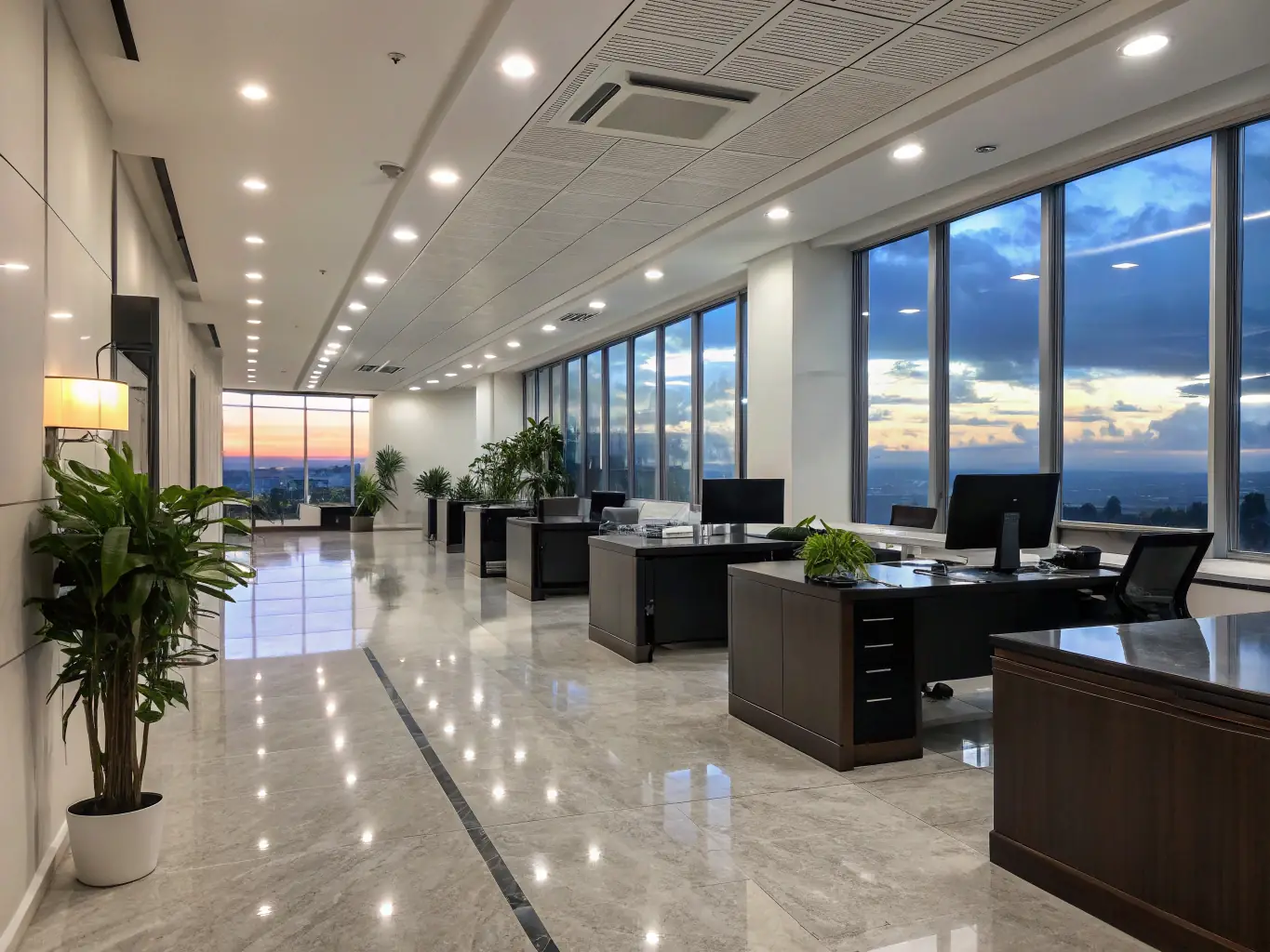 A brightly lit, modern office space in Benalla, Victoria, showcasing a clean desk with a computer, a plant, and organized files, reflecting the professional cleaning services provided by Premium Peak Cleaning Co.