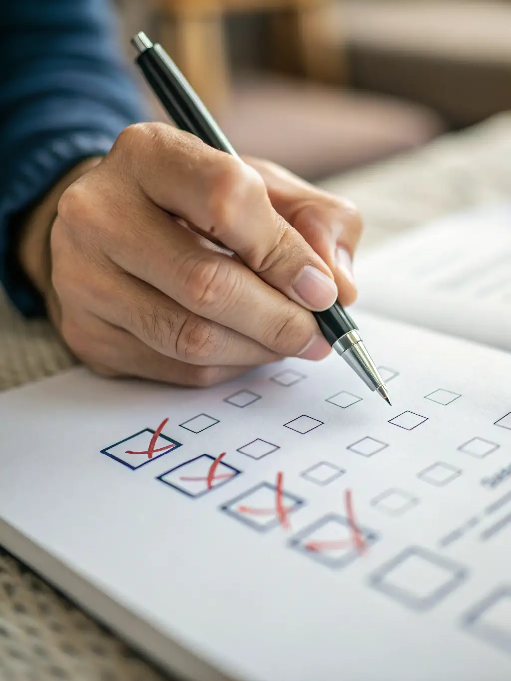 A close-up shot of a checklist being marked with a pen, symbolizing the rigorous quality assurance process followed by Premium Peak Cleaning Co. to ensure consistent and high-quality cleaning.
