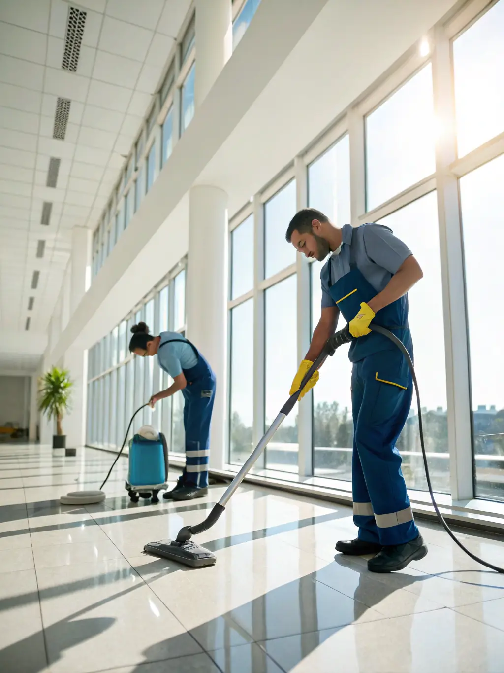 A photo of a cleaning crew working efficiently in a modern office space, with one member discreetly vacuuming while another dusts a desk, showcasing their professional and unobtrusive service.