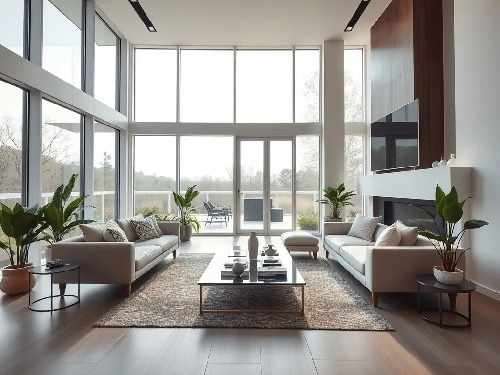 A brightly lit, impeccably clean living room in a modern home, showcasing the results of a 'Lite' cleaning package. Focus on dust-free surfaces and neatly arranged furniture.