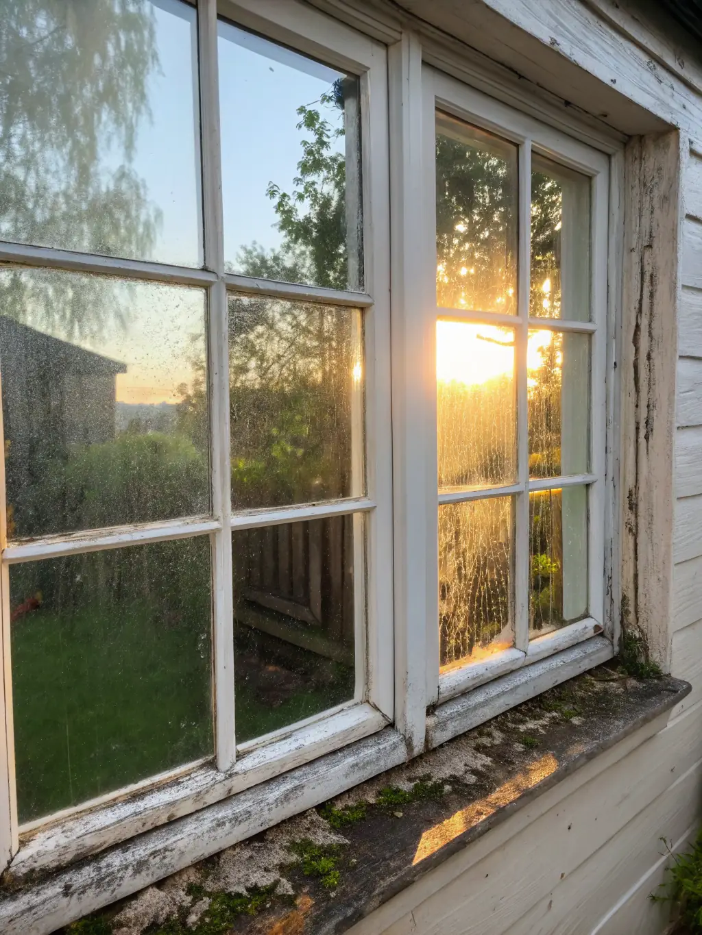 A before-and-after split image showing a dusty window before cleaning and a sparkling clean window after Premium Peak Cleaning Co.'s service. The image should clearly demonstrate the effectiveness of the cleaning.