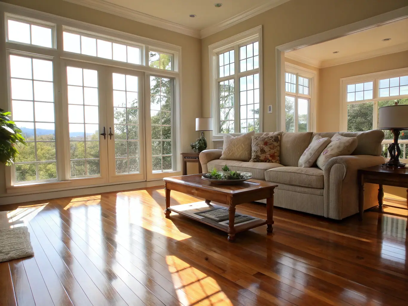 A brightly lit and spotless living room in a home, showcasing the results of a professional home cleaning service. The scene emphasizes cleanliness and comfort.