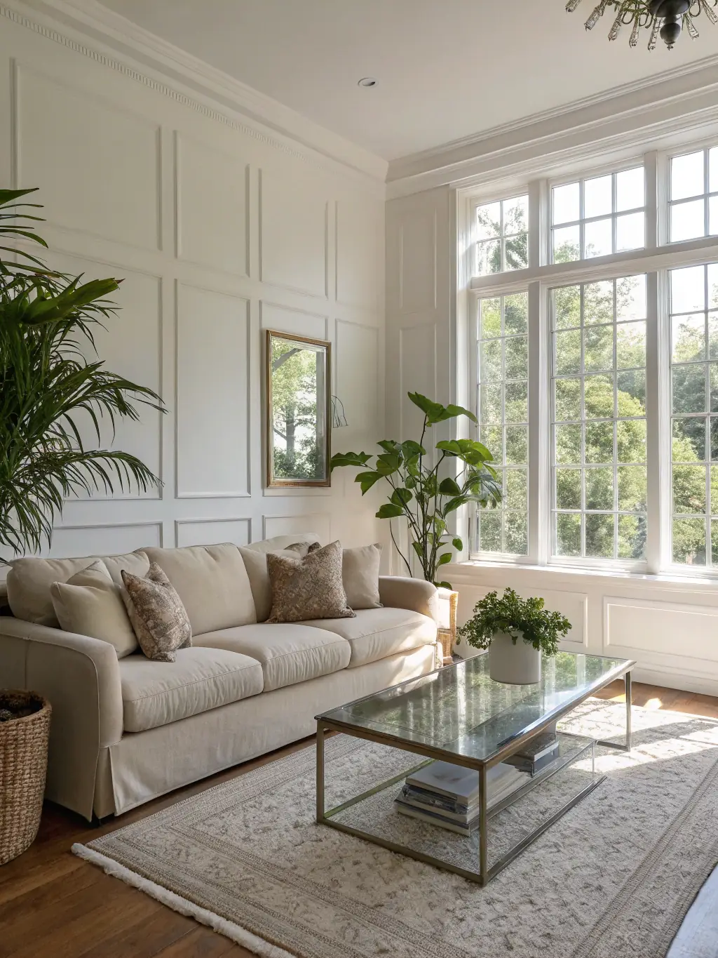 A brightly lit, spotless living room in a modern home, showcasing the results of a professional house cleaning service. Focus on the gleam of surfaces and the overall sense of cleanliness.