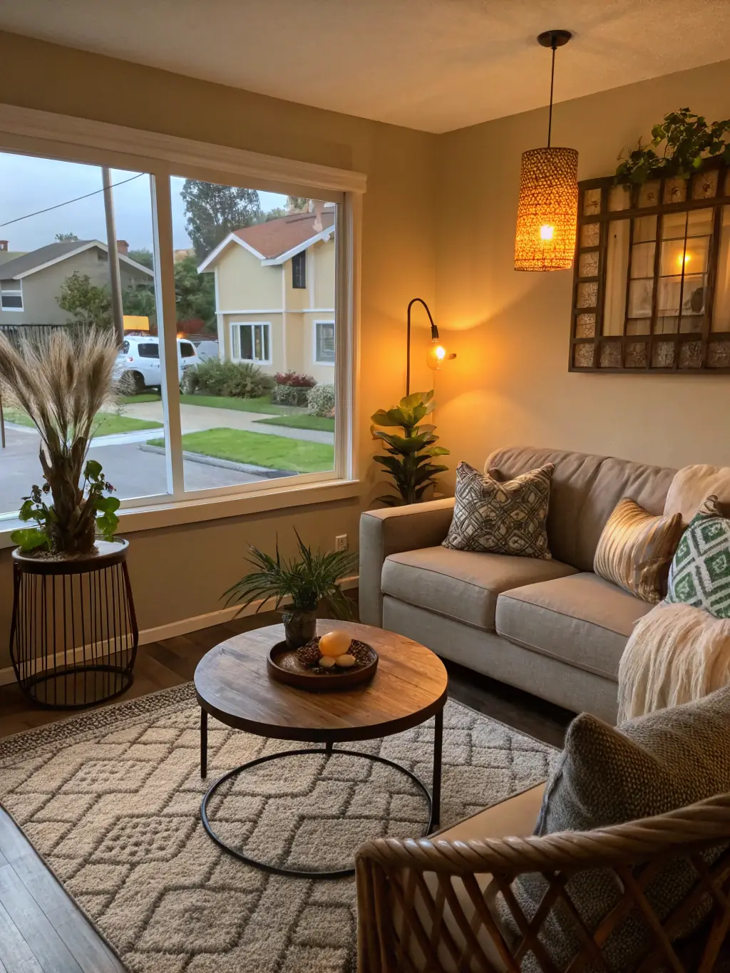 A photo of a spotless, modern Airbnb living room, freshly cleaned with sunlight streaming through the windows, showcasing a welcoming and pristine environment.