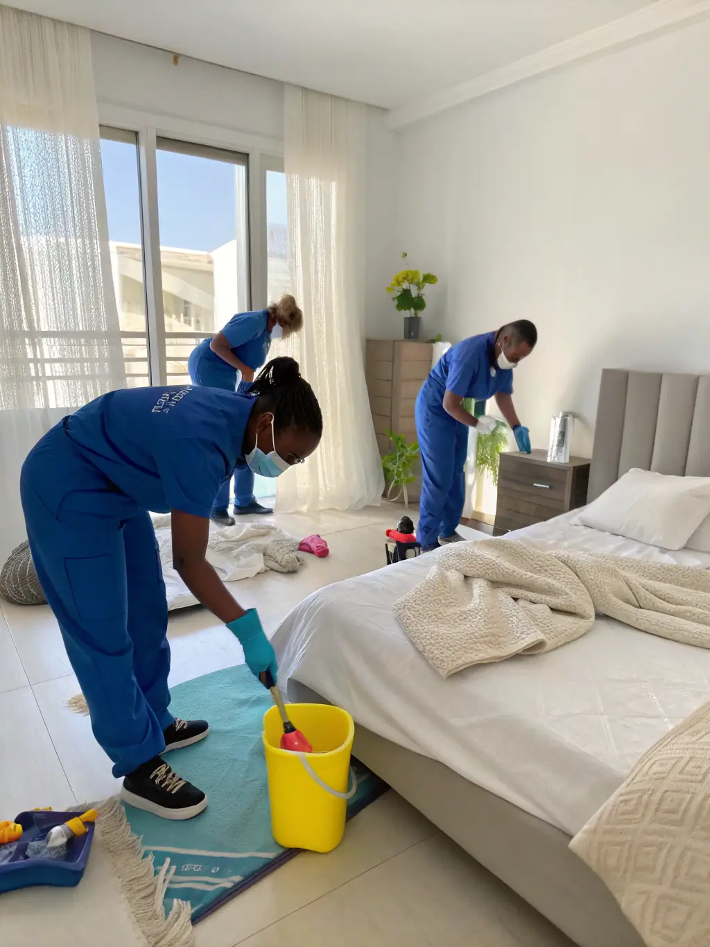 A professional cleaning team preparing an Airbnb bedroom with fresh linens and amenities, highlighting Premium Peak Cleaning Co.'s Airbnb cleaning service.