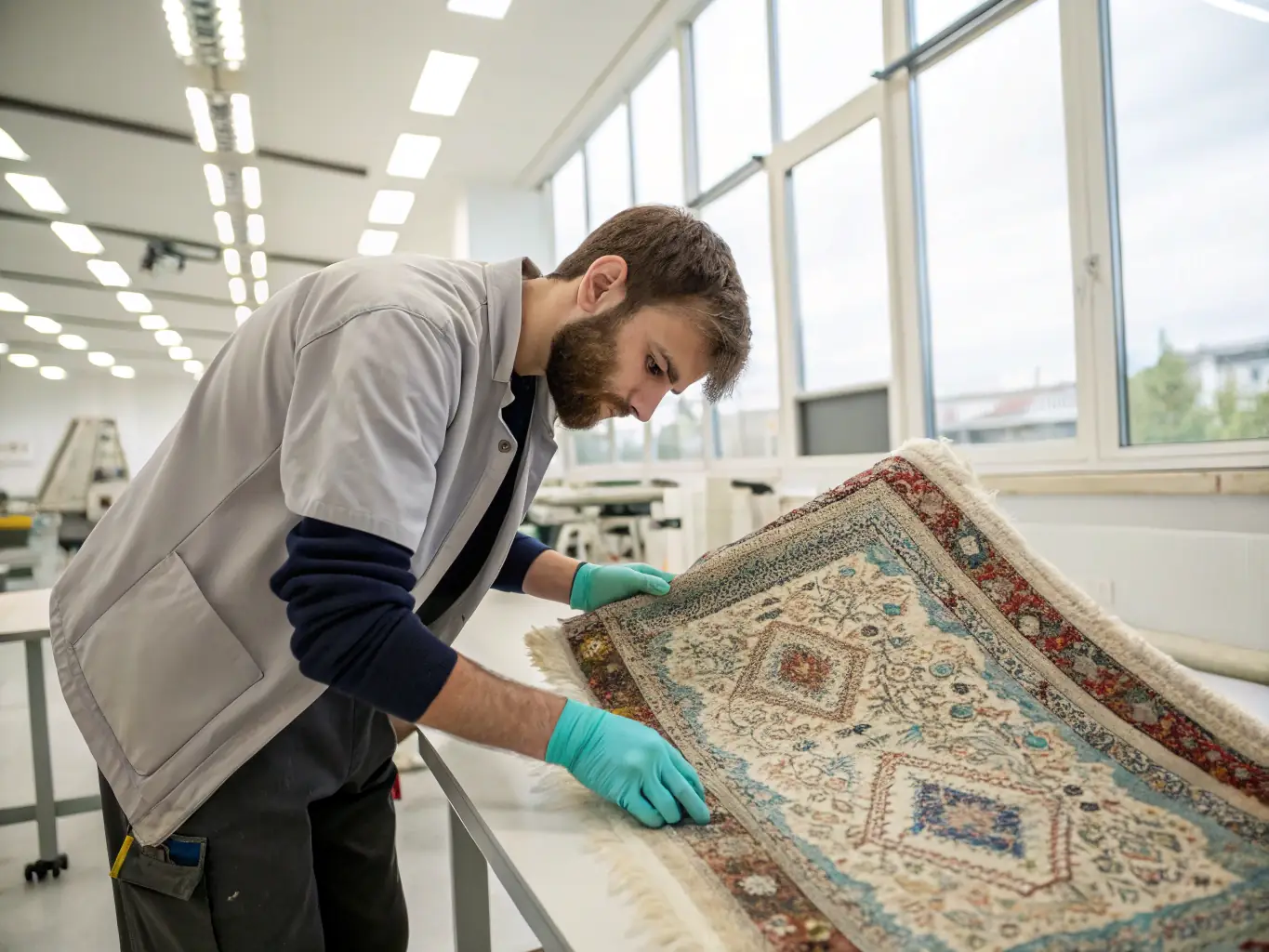 A technician carefully dry cleaning a delicate rug in a well-lit room, using specialized equipment and solutions.