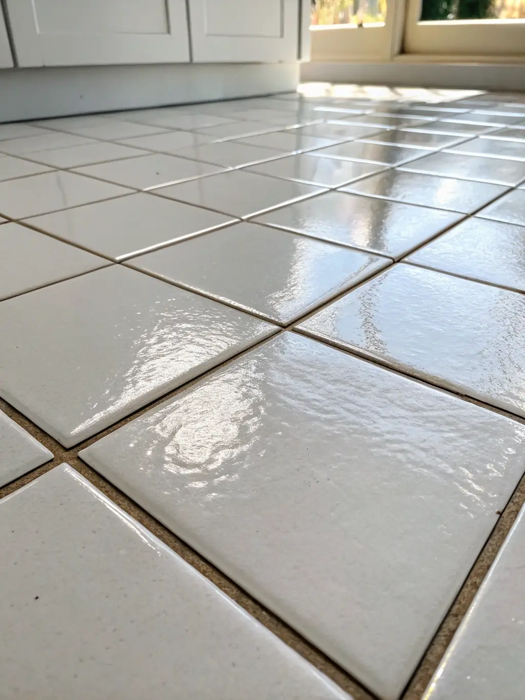 Close-up shot of sparkling clean tiles and grout after a detail clean, emphasizing the attention to detail. The image should focus on the quality and precision of the cleaning service.