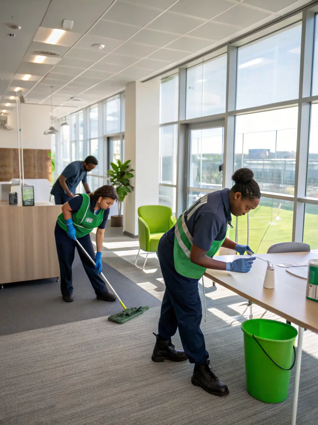 A picture of cleaning staff using eco-friendly cleaning products in an office, emphasizing the company's commitment to sustainable cleaning practices.