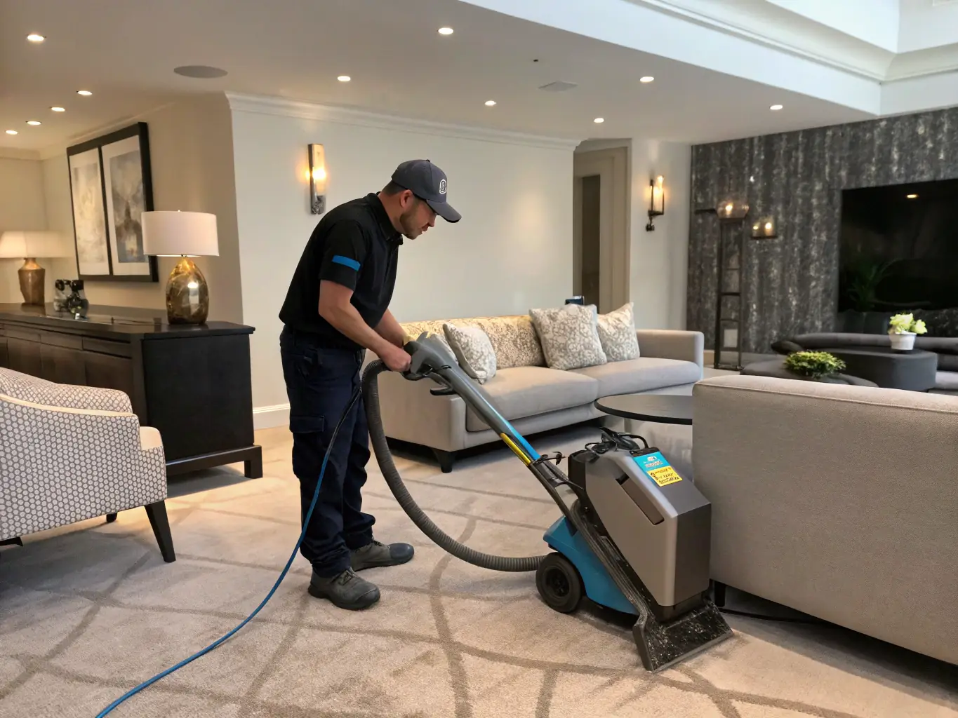A close-up shot of a technician professionally steam cleaning a heavily soiled carpet in a home setting, with steam visibly lifting dirt and stains.