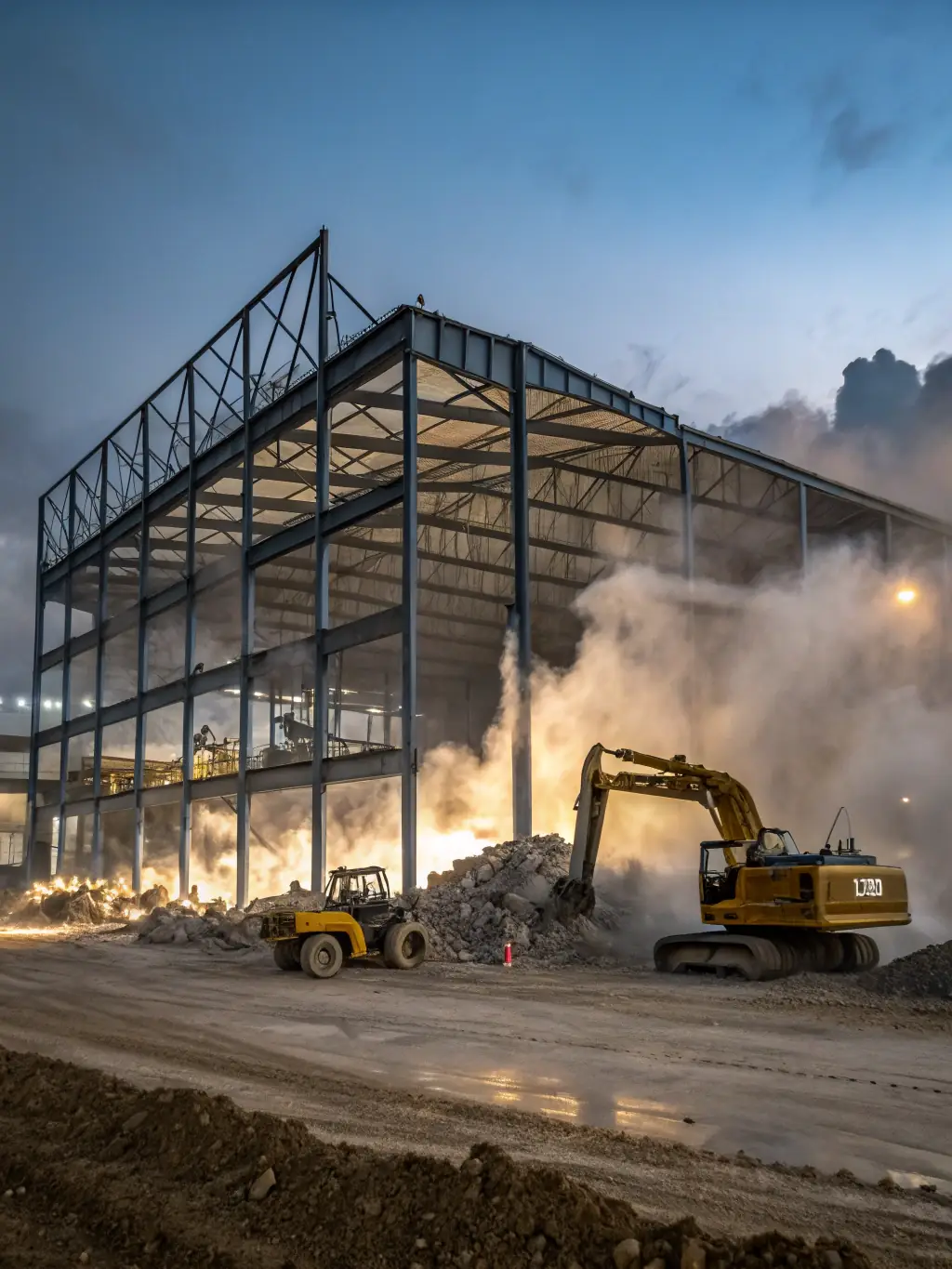 A construction site immediately after the initial demolition phase, showing large debris and dust, emphasizing the need for a rough clean. The image should convey a sense of scale and the intensity of the initial cleanup required.