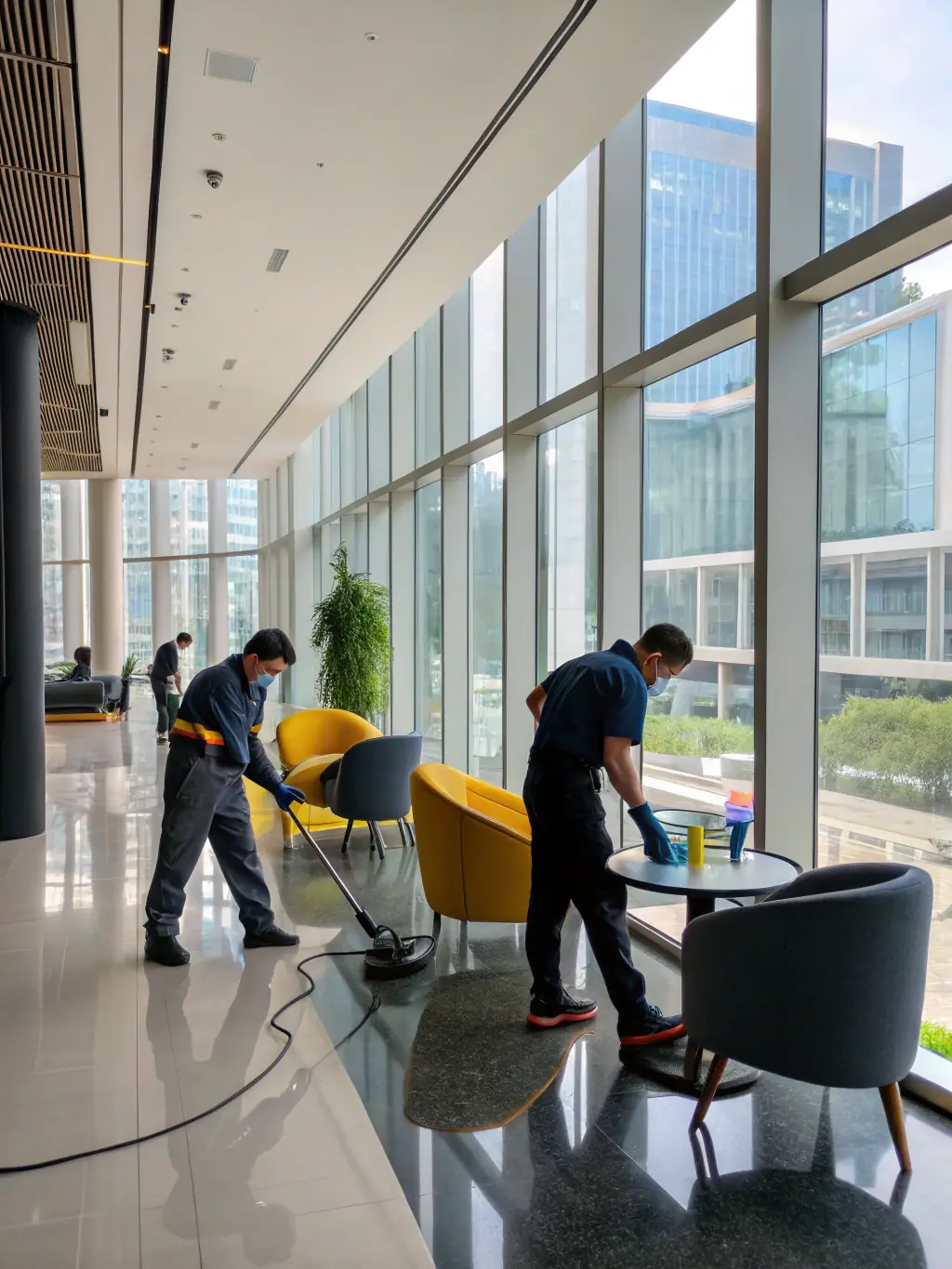 A team of cleaners sanitizing an office workspace with modern equipment, representing Premium Peak Cleaning Co.'s office cleaning service.