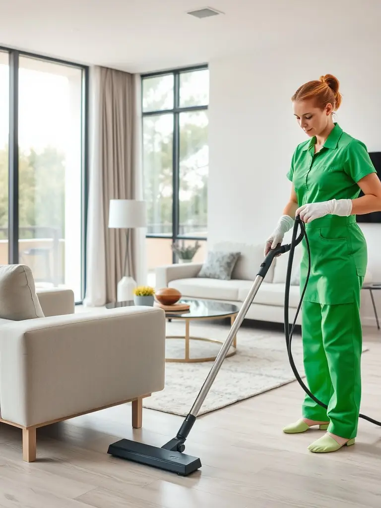 A bright, airy living room being vacuumed by a cleaner, showcasing the thoroughness of Premium Peak Cleaning Co.'s home cleaning service.