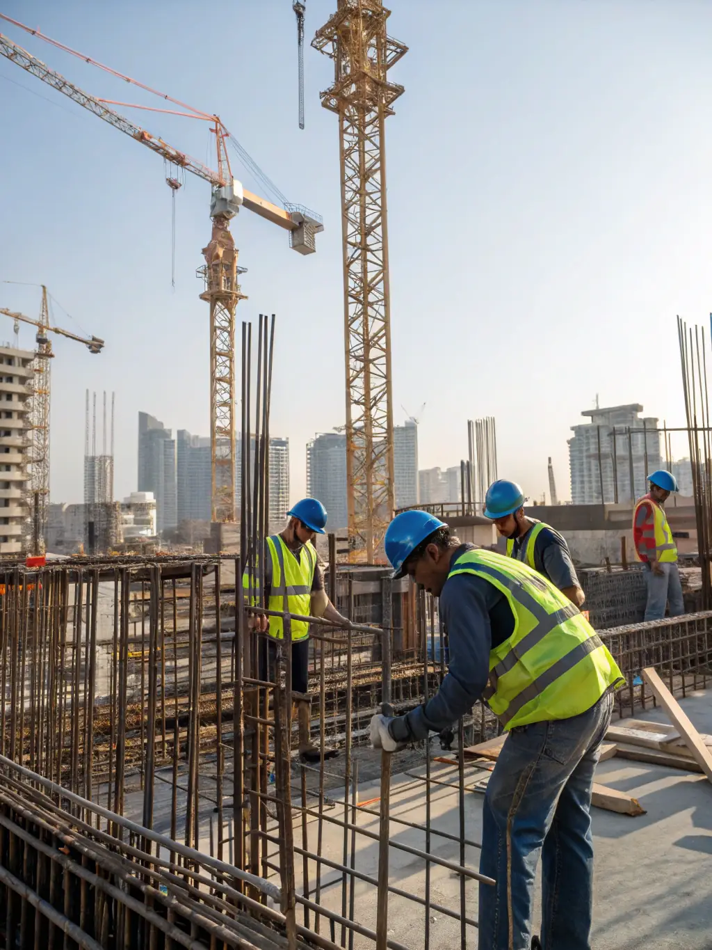 A construction site being efficiently cleaned up by a team with safety gear, removing debris and preparing the space for occupancy.