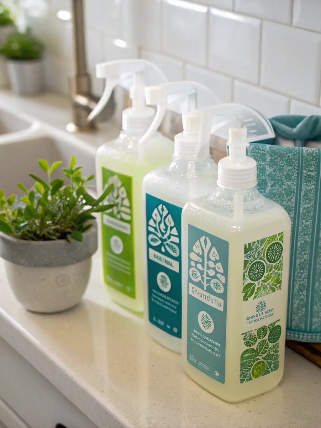 A close-up shot of eco-friendly cleaning products being used to clean a kitchen countertop in an Airbnb property, emphasizing the company's commitment to sustainability.