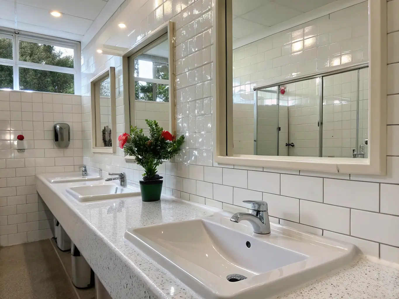 A pristine bathroom with perfectly arranged toiletries and a spotless shower, illustrating the comprehensive nature of the 'Premium' cleaning package. Emphasize the deep cleaning and attention to detail.