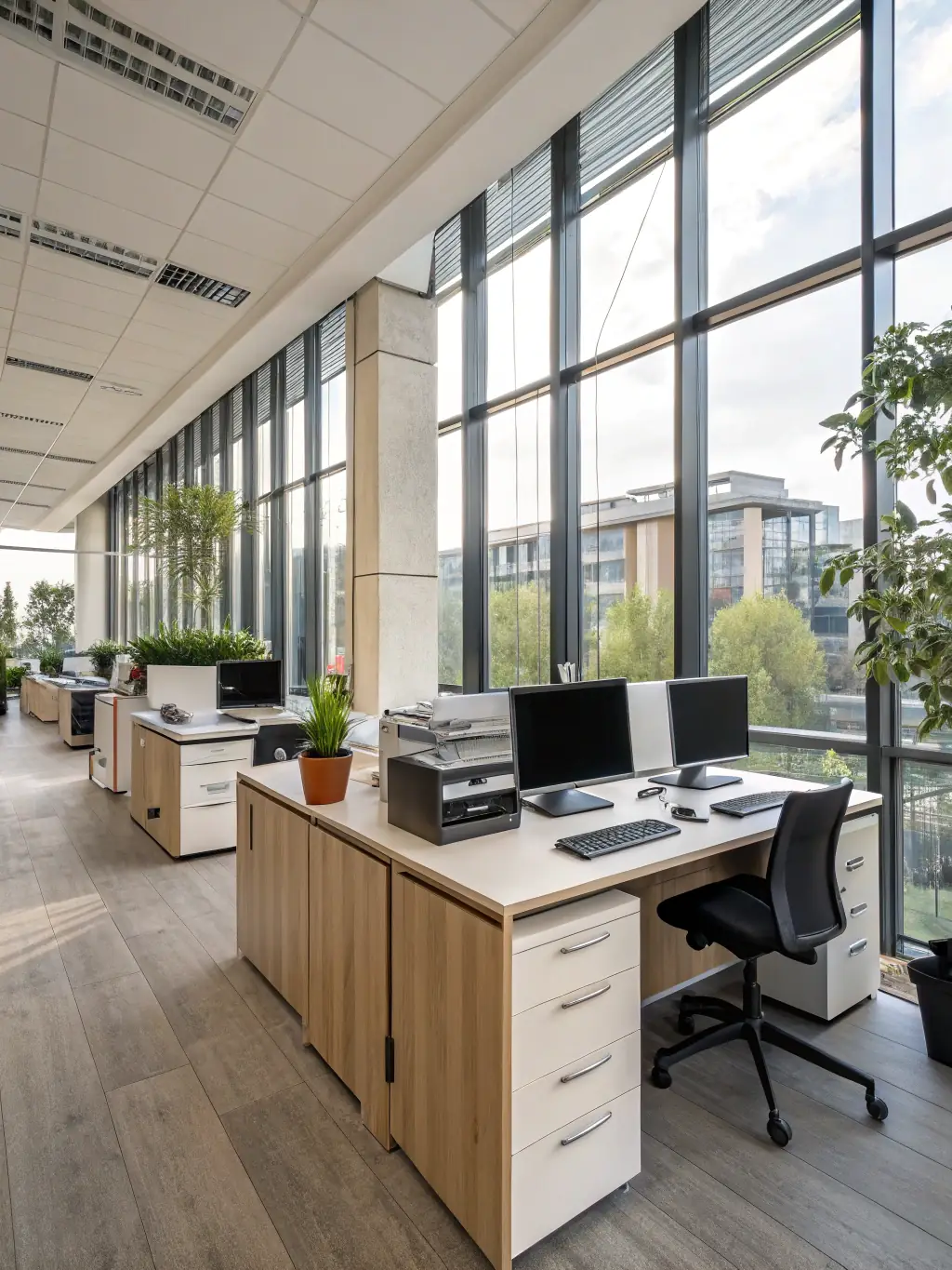 A clean and organized office space with desks, computers, and common areas neatly arranged. The image should project a sense of productivity and professionalism.