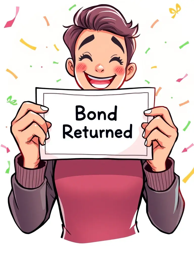 A visual representation of a satisfied customer receiving their bond back, depicted through a digital illustration of a smiling person holding a document labeled 'Bond Returned' with a celebratory background.