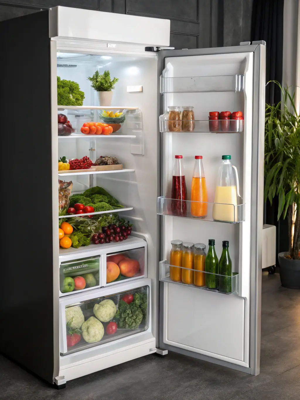 A sparkling clean refrigerator interior, showcasing organized shelves and fresh produce, symbolizing our thorough fridge cleaning service.