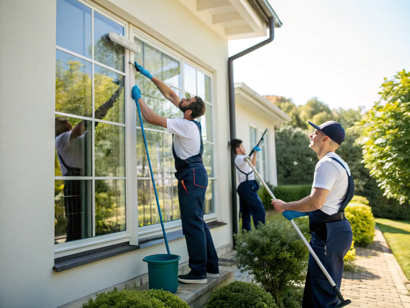 A friendly team of cleaners in uniform shaking hands with a property manager in front of a well-maintained house, representing trust and reliability.