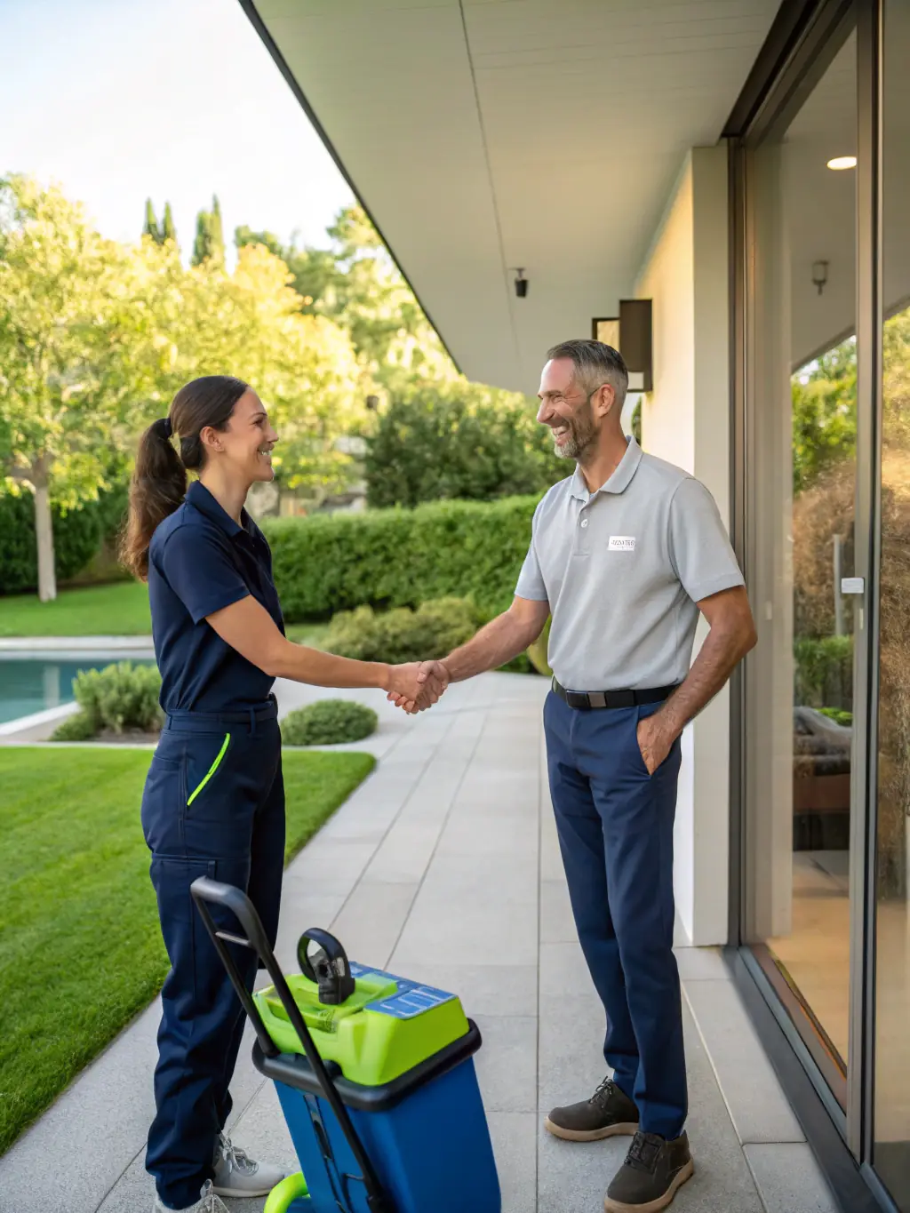 A friendly cleaner from Premium Peak Cleaning Co. smiling and shaking hands with a satisfied customer in front of a clean house in Albury, NSW. The image should convey trust and local connection.