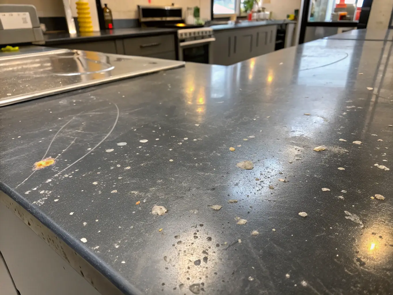 A close-up shot of a sparkling clean kitchen countertop with cleaning supplies neatly arranged, symbolizing a bond back guarantee.