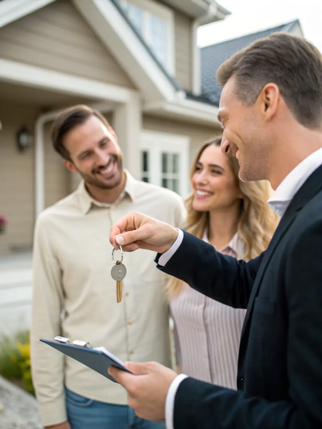 An image of a real estate agent handing over keys to a happy tenant in front of a freshly cleaned property in Albury, NSW, symbolizing a successful bond return.