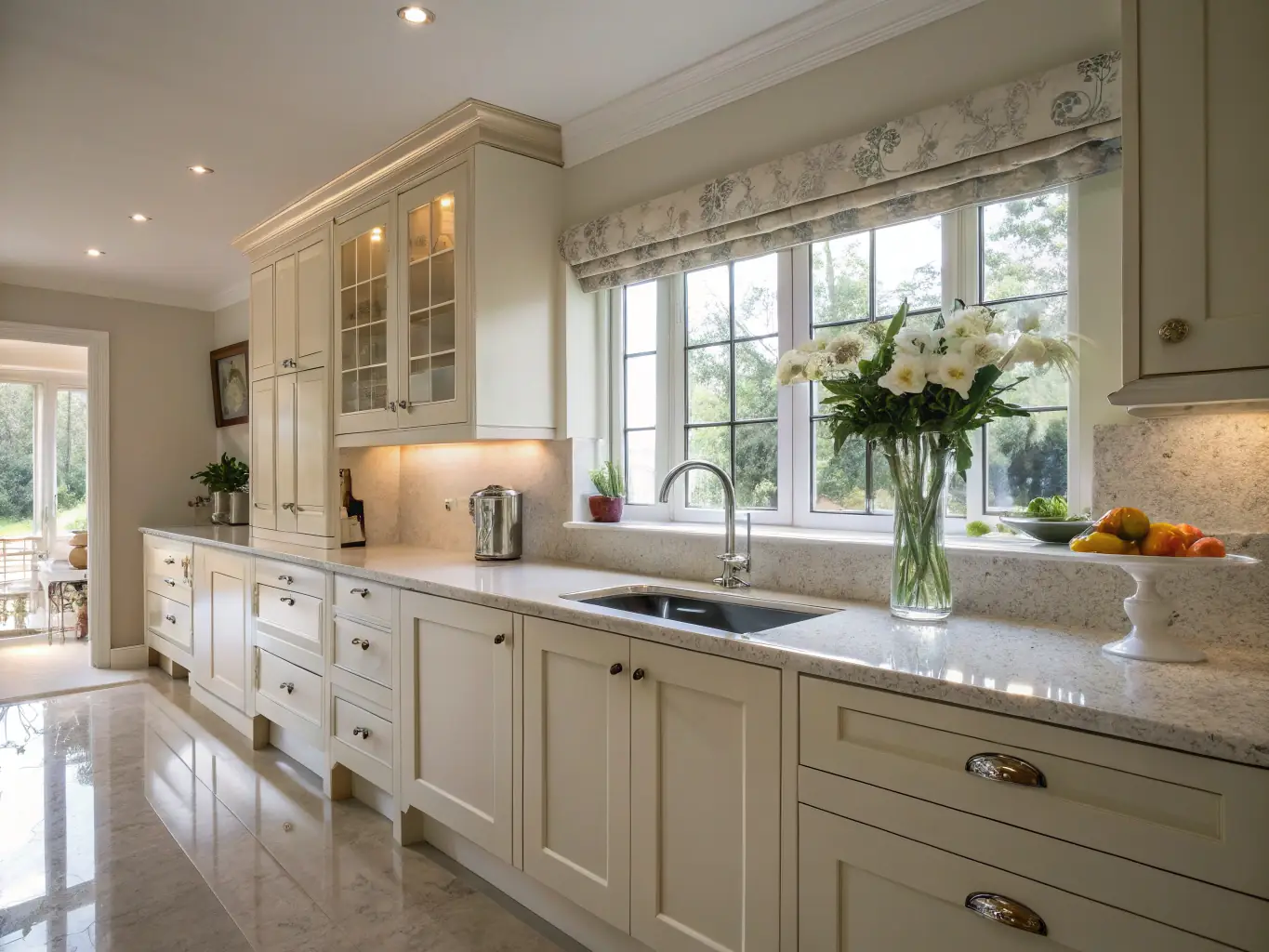 A brightly lit, empty apartment showcasing its cleanliness after an end-of-lease cleaning service. The focus is on the spotless condition of the kitchen and living areas, emphasizing the thoroughness of the cleaning.