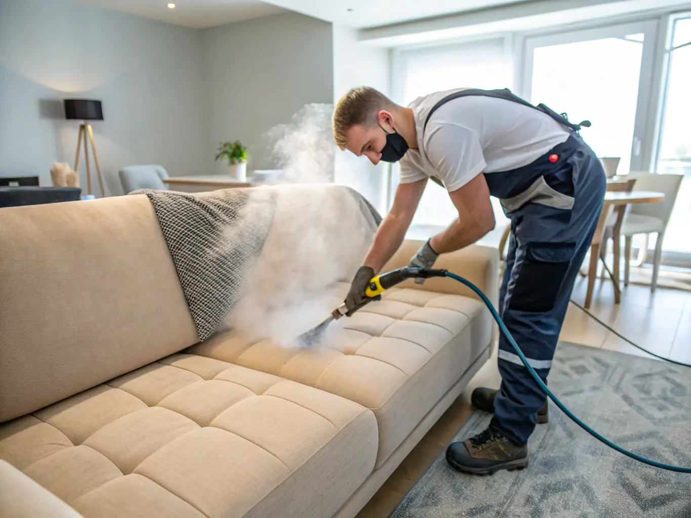 A close-up shot of a professional steam cleaner working on a stained sofa, demonstrating the effectiveness of the carpet and upholstery cleaning service. The setting is a home in Fremantle.